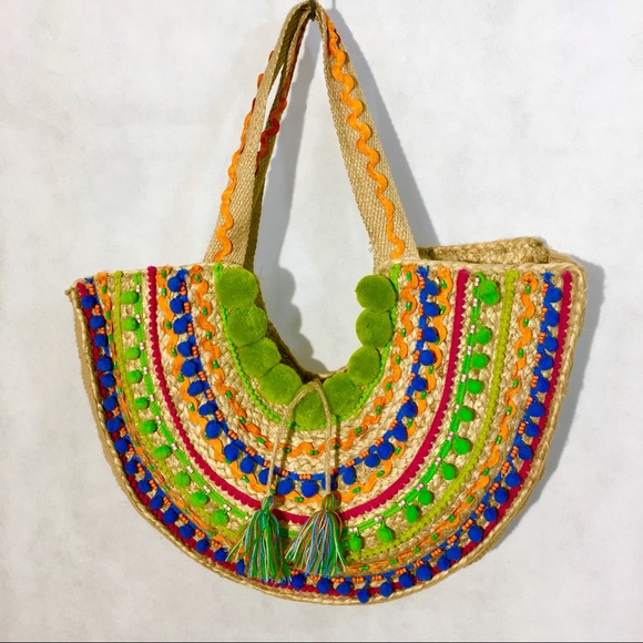 America and Beyond Handbags - America and Beyond embroidered rattan straw tote